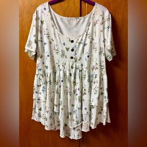 Floral Tiered Short-Sleeve Scoop Neck Top - White